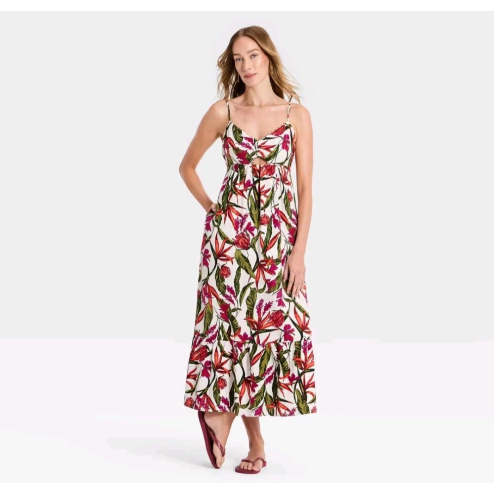 Women's A New Day Beaded Strap Floral Maxi Dress Pink Large Linen Blend